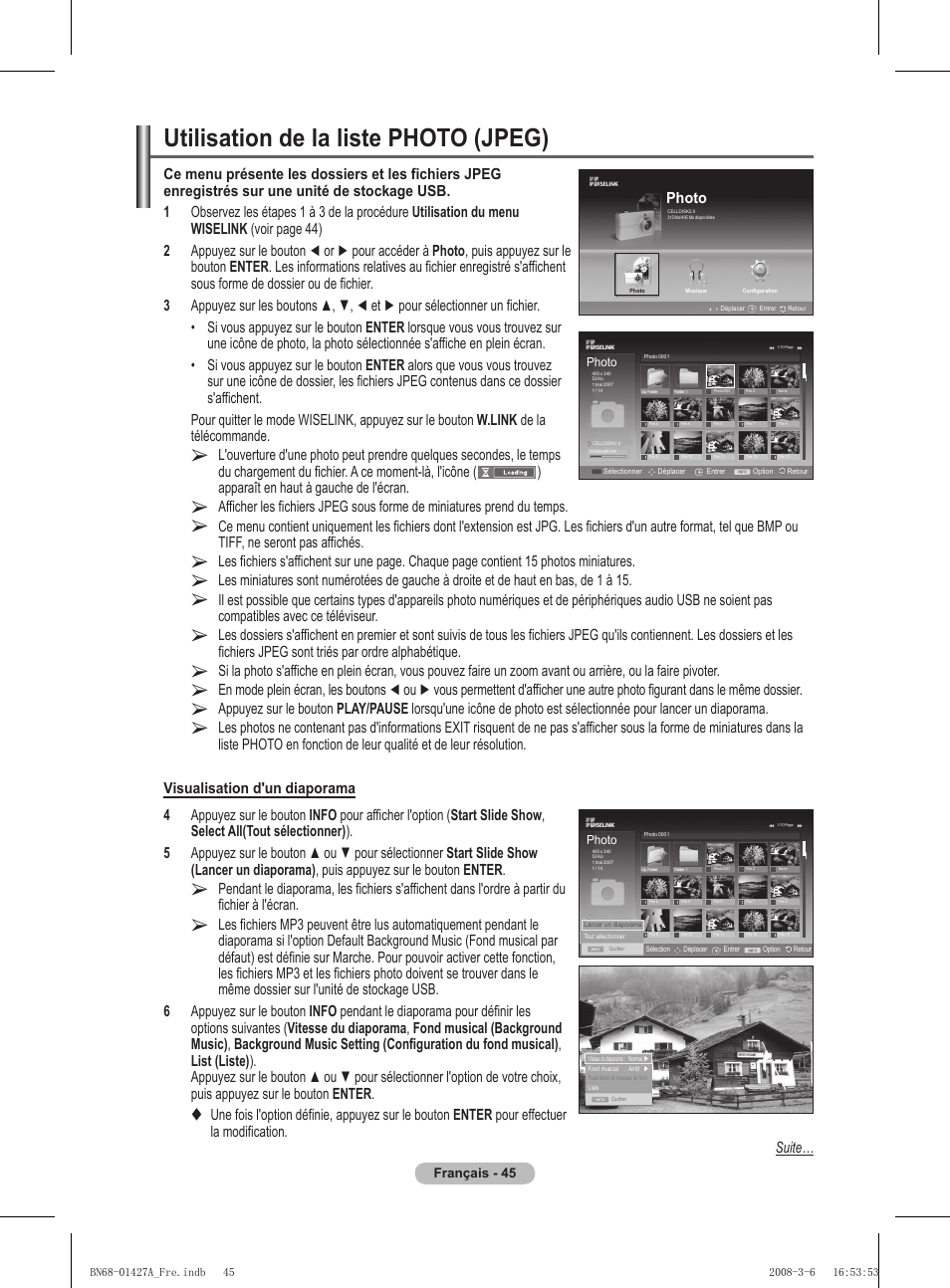 Utilisation de la liste photo (jpeg), Photo | Samsung PS50A557S3F User Manual | Page 107 / 495