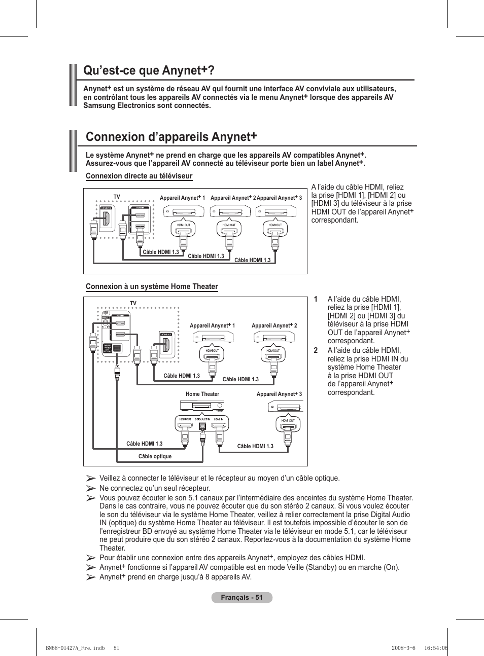 Connexion d’appareils anynet, Qu’est-ce que anynet | Samsung PS50A557S3F User Manual | Page 113 / 495