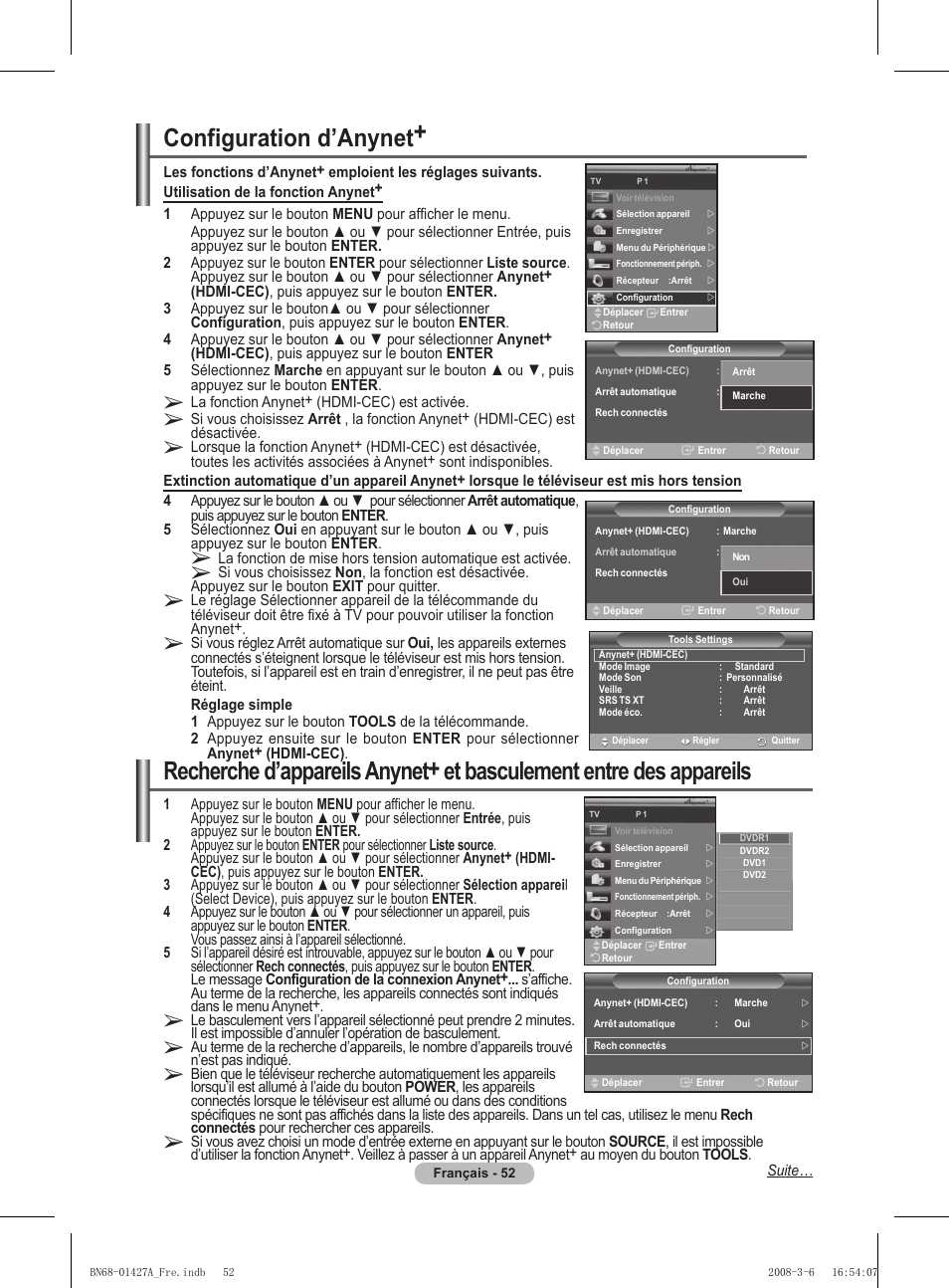 Configuration d’anynet | Samsung PS50A557S3F User Manual | Page 114 / 495