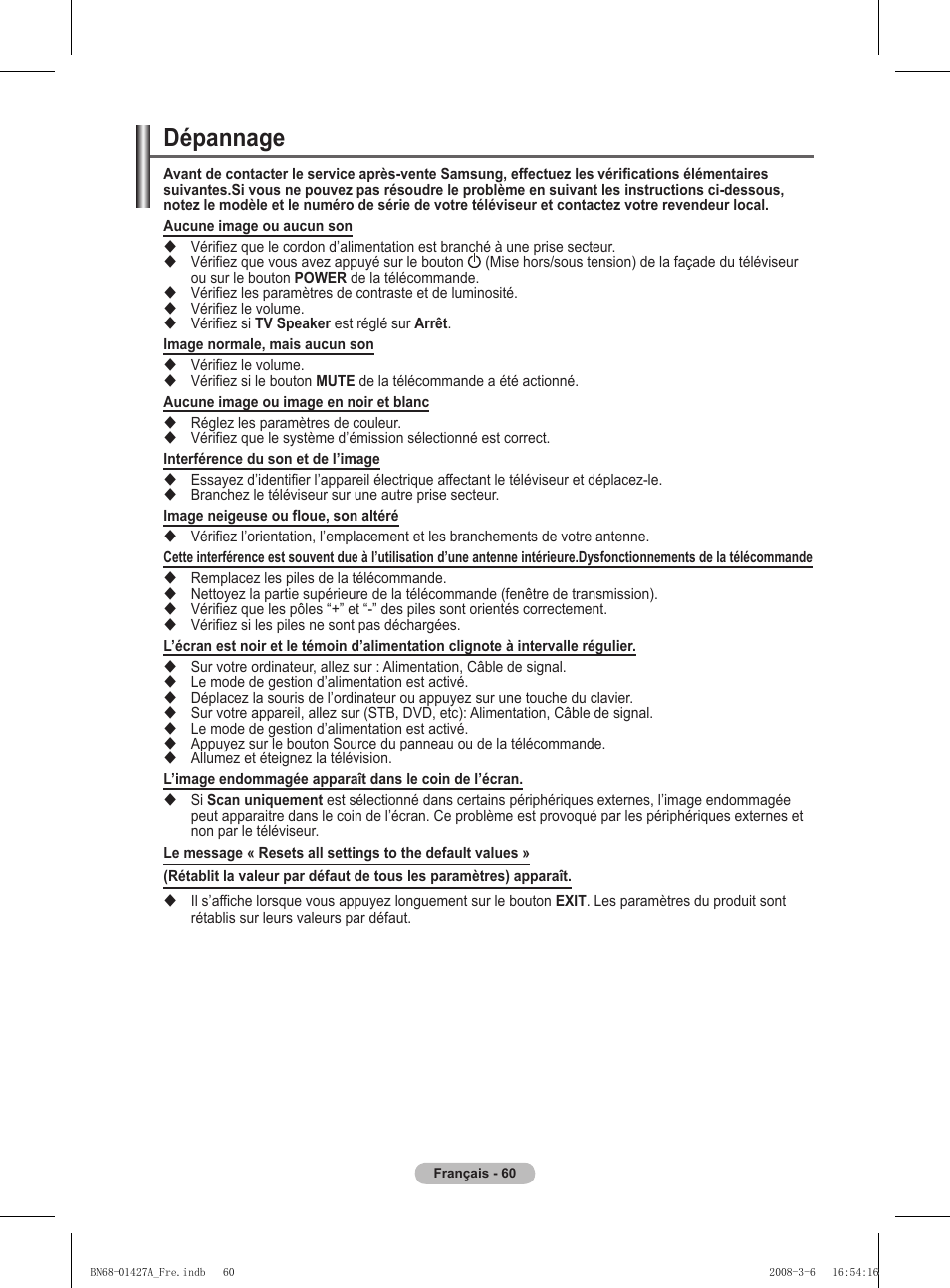 Dépannage | Samsung PS50A557S3F User Manual | Page 122 / 495