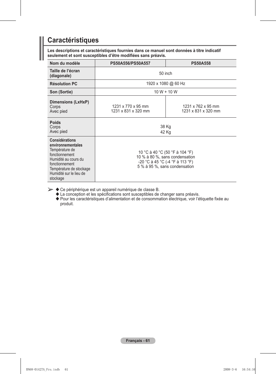 Caractéristiques | Samsung PS50A557S3F User Manual | Page 123 / 495