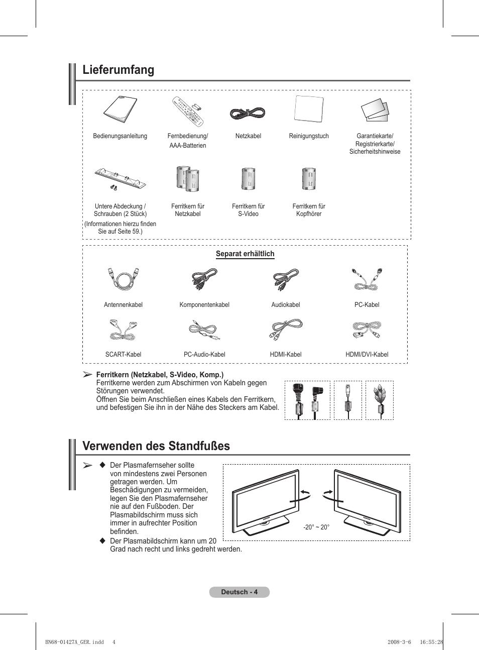 Lieferumfang, Verwenden des standfußes | Samsung PS50A557S3F User Manual | Page 128 / 495