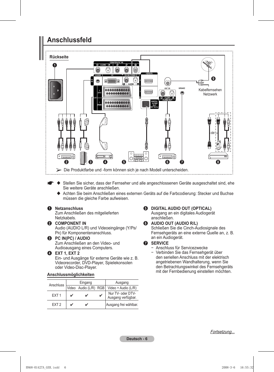 Anschlussfeld | Samsung PS50A557S3F User Manual | Page 130 / 495