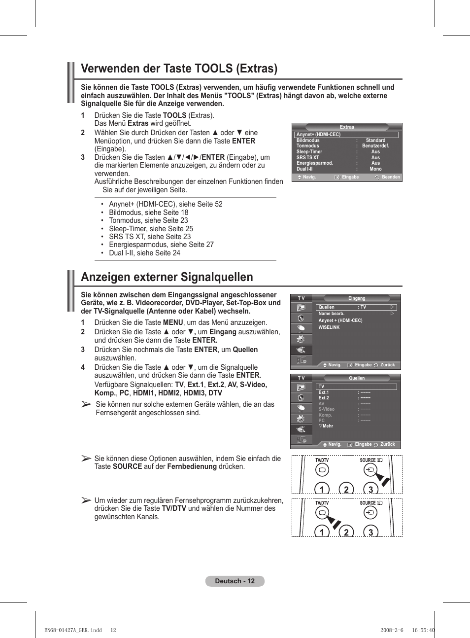 Verwenden der taste tools (extras), Anzeigen externer signalquellen | Samsung PS50A557S3F User Manual | Page 136 / 495