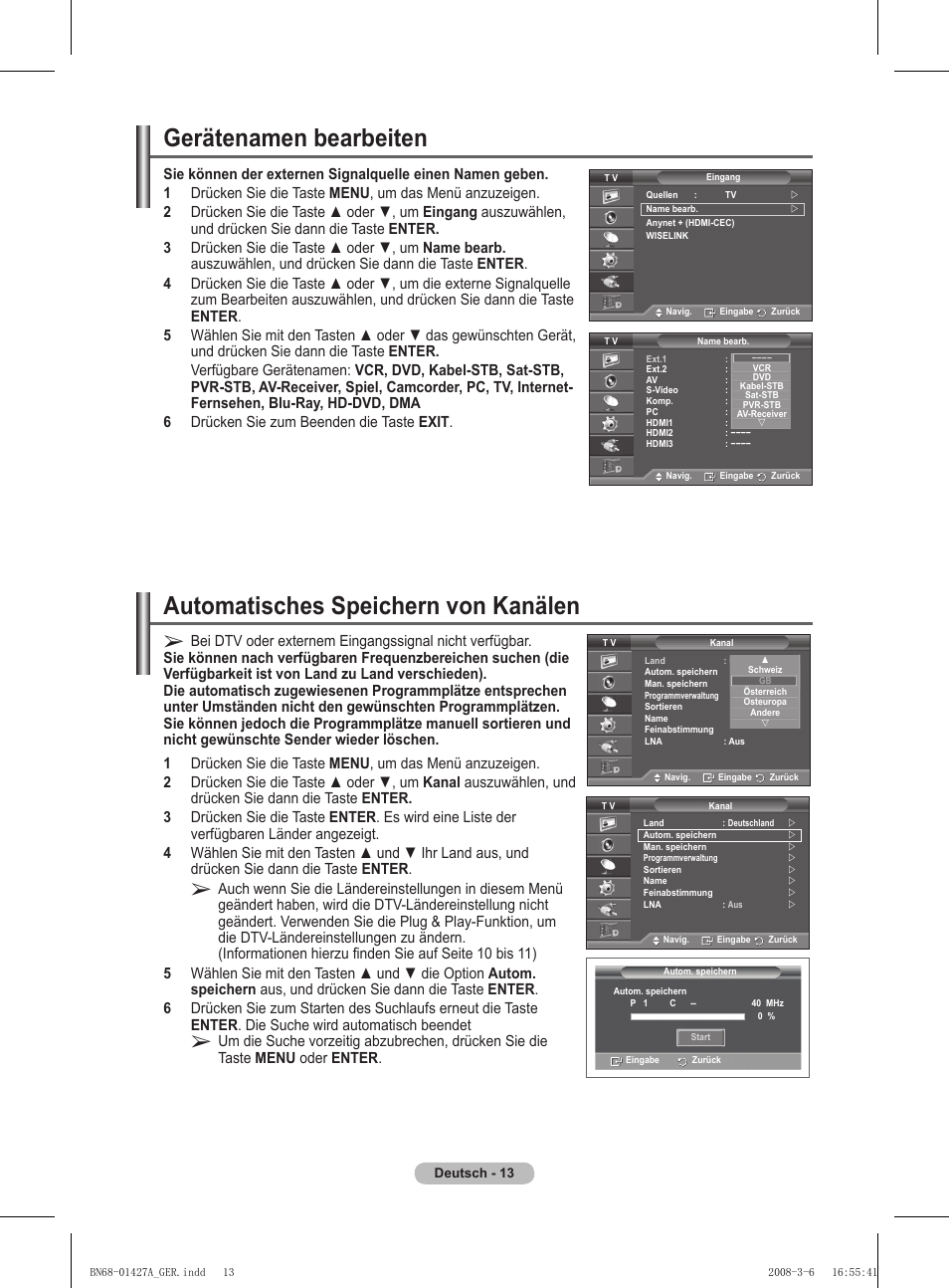 Automatisches speichern von kanälen, Gerätenamen bearbeiten | Samsung PS50A557S3F User Manual | Page 137 / 495