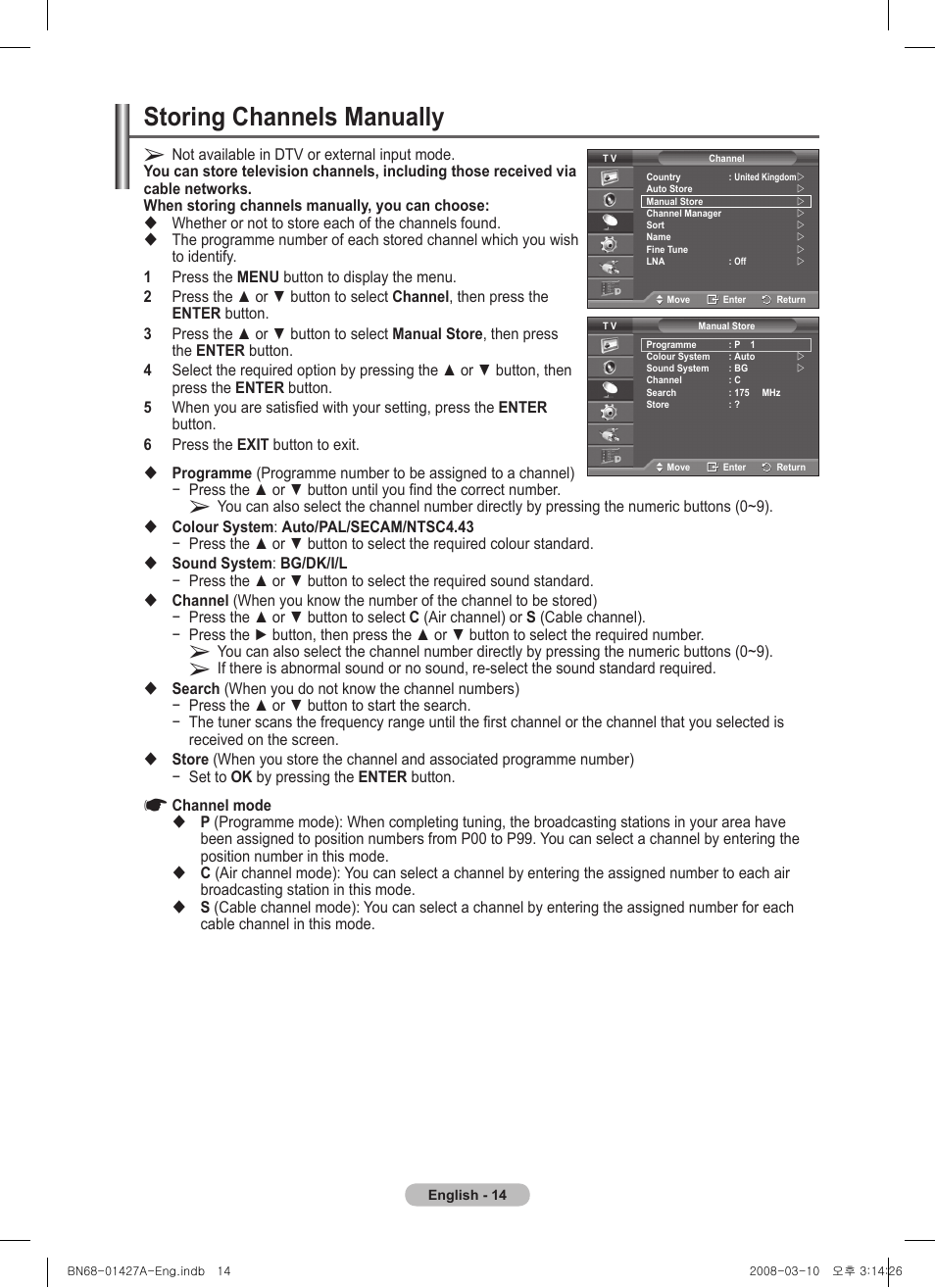 Storing channels manually | Samsung PS50A557S3F User Manual | Page 14 / 495