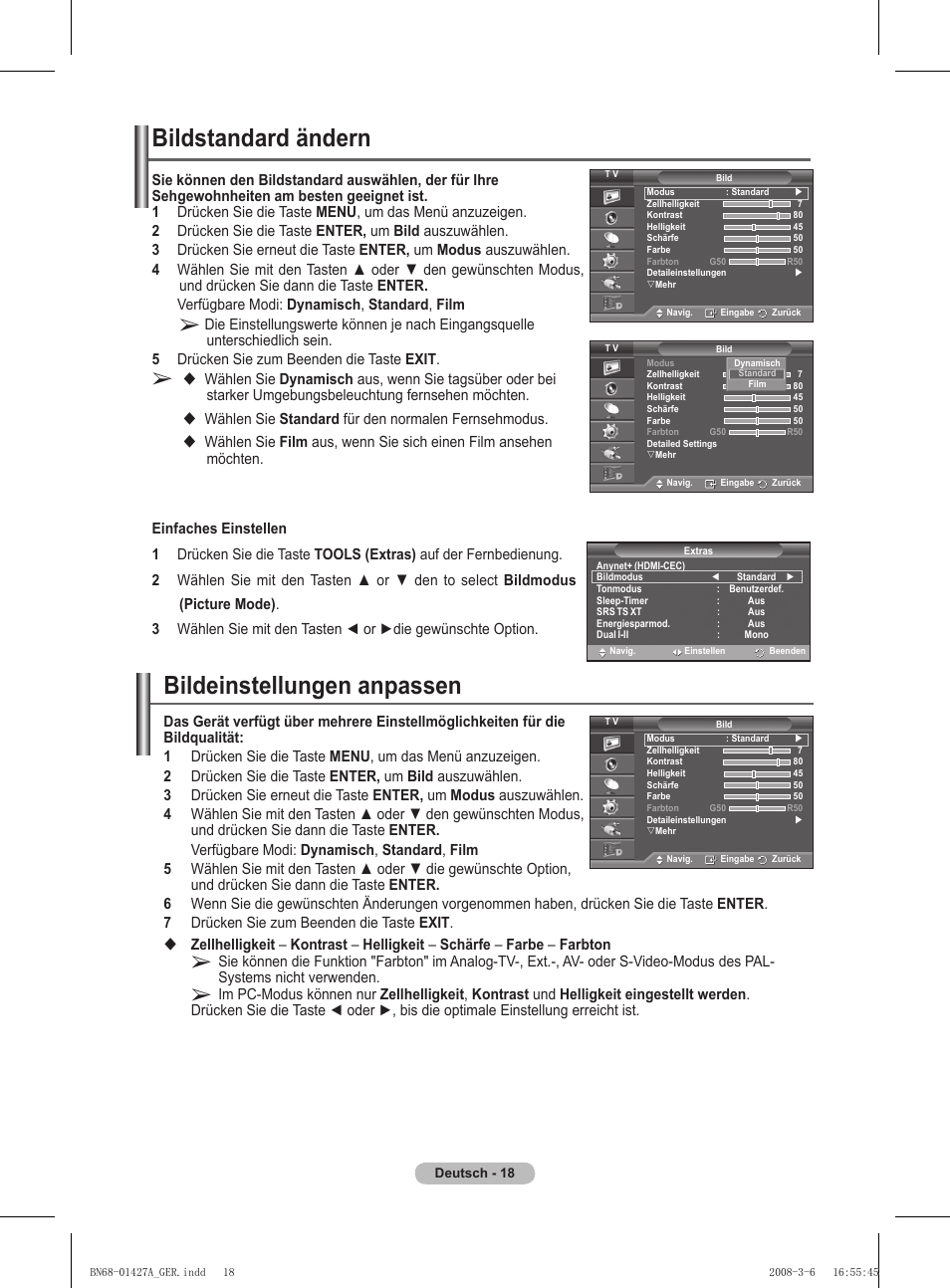 Bildstandard ändern, Bildeinstellungen anpassen | Samsung PS50A557S3F User Manual | Page 142 / 495