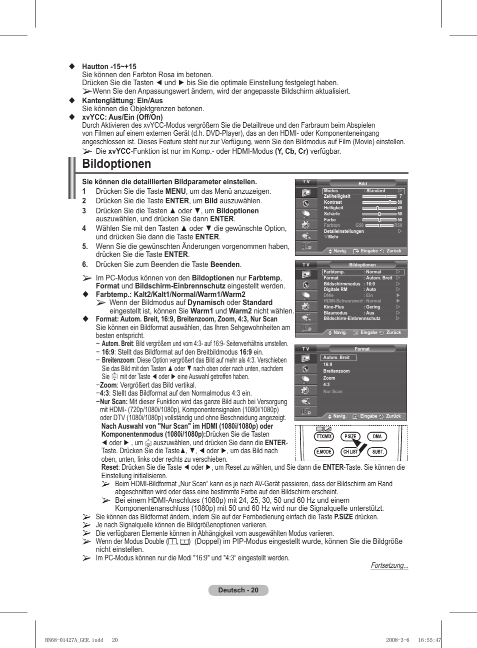 Bildoptionen | Samsung PS50A557S3F User Manual | Page 144 / 495