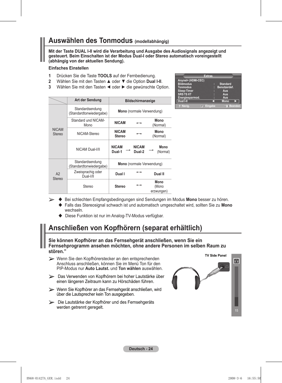 Auswählen des tonmodus, Anschließen von kopfhörern (separat erhältlich) | Samsung PS50A557S3F User Manual | Page 148 / 495