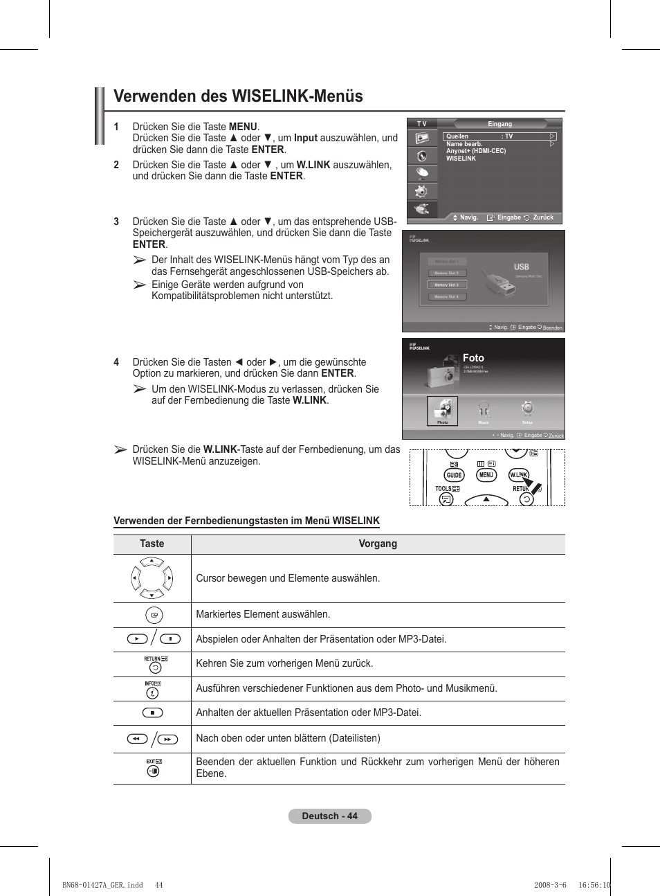 Verwenden des wiselink-menüs | Samsung PS50A557S3F User Manual | Page 168 / 495