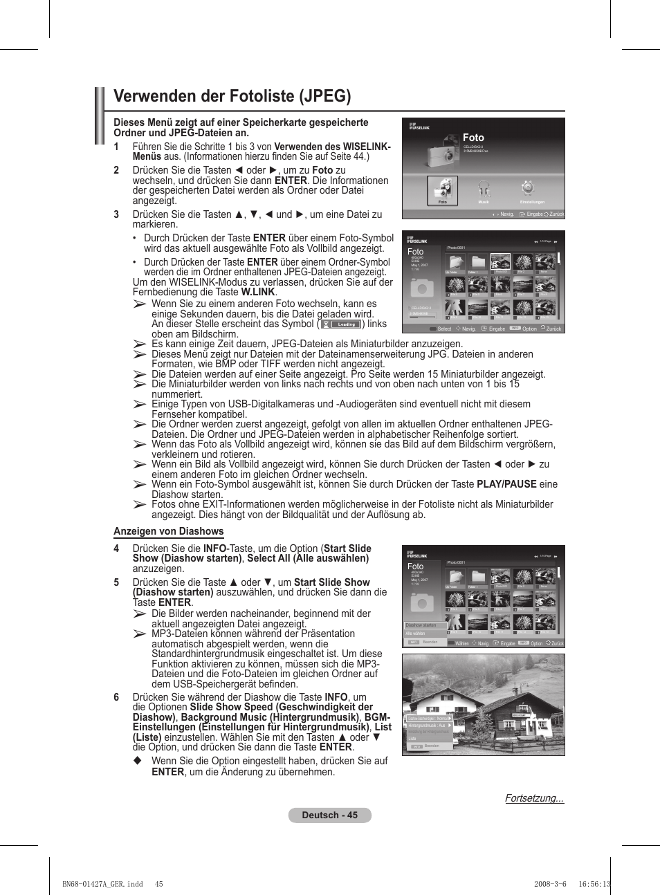 Verwenden der fotoliste (jpeg), Fortsetzung | Samsung PS50A557S3F User Manual | Page 169 / 495