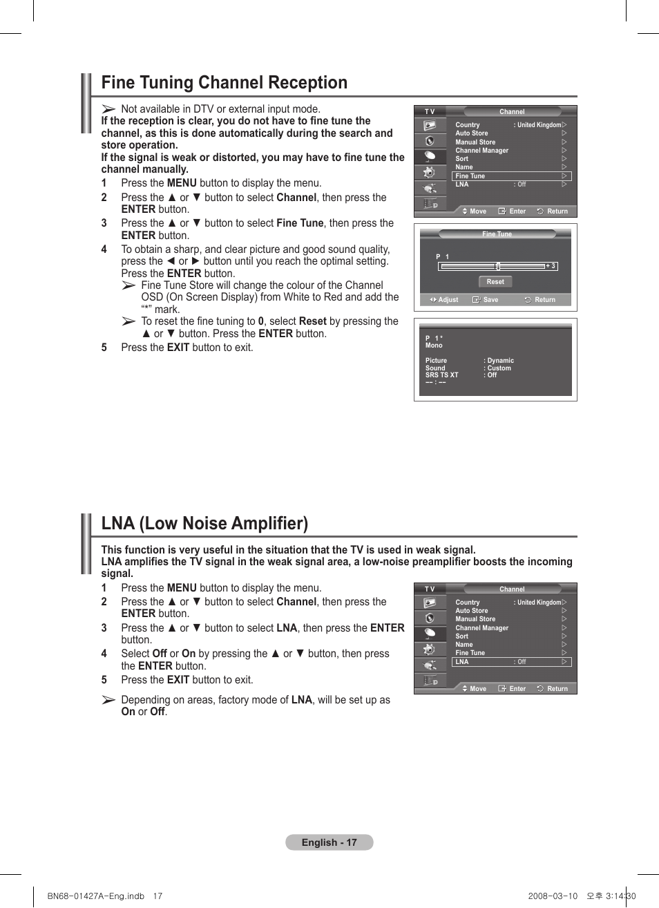 Fine tuning channel reception, Lna (low noise amplifier, Lna (low noise amplifier) | Samsung PS50A557S3F User Manual | Page 17 / 495