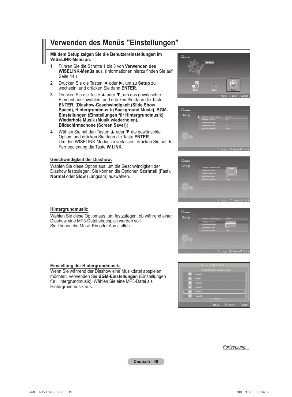 Verwenden des menüs "einstellungen, Fortsetzung | Samsung PS50A557S3F User Manual | Page 173 / 495