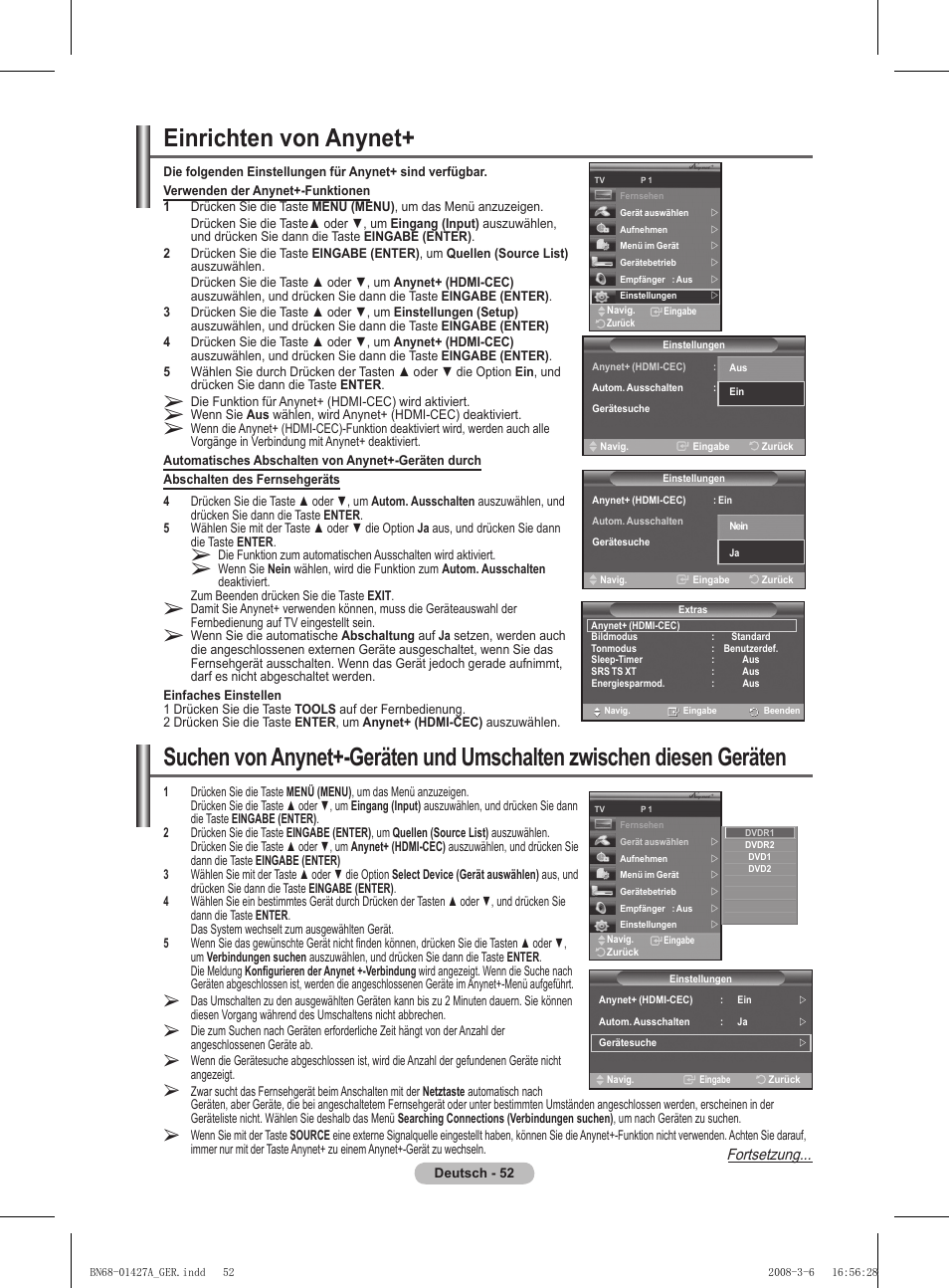 Einrichten von anynet, Fortsetzung | Samsung PS50A557S3F User Manual | Page 176 / 495