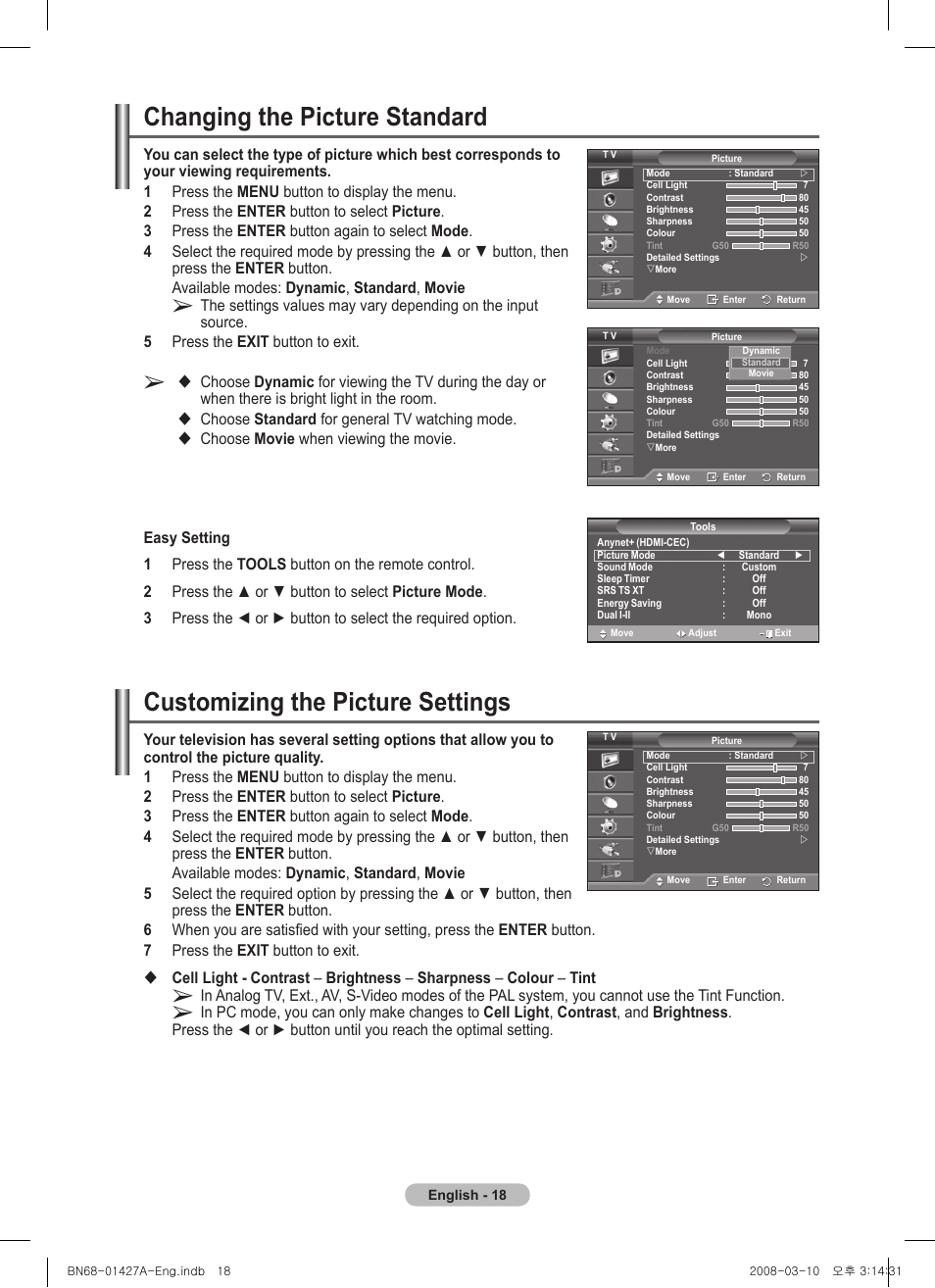 Changing the picture standard, Customizing the picture settings | Samsung PS50A557S3F User Manual | Page 18 / 495