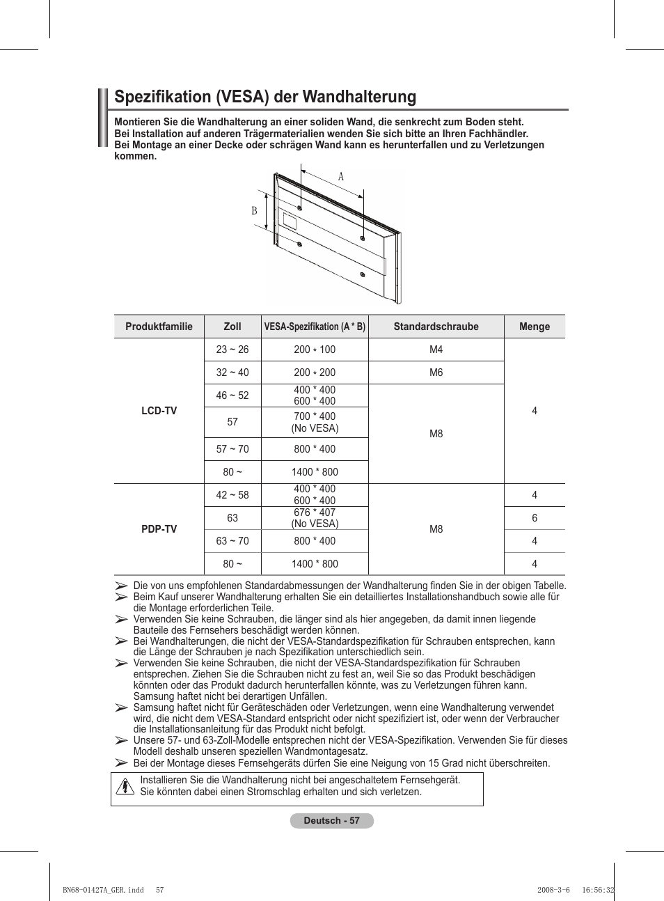 Spezifikation (vesa) der wandhalterung | Samsung PS50A557S3F User Manual | Page 181 / 495