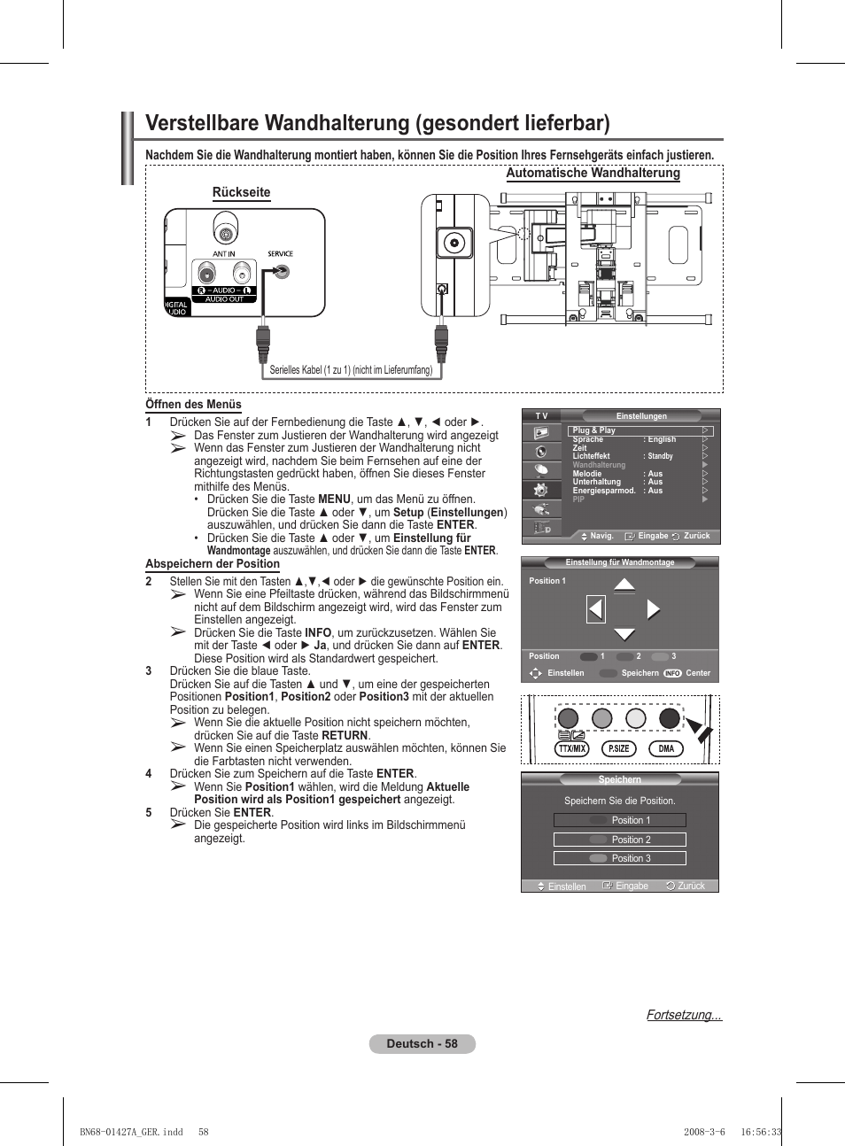 Verstellbare wandhalterung (gesondert lieferbar), Fortsetzung | Samsung PS50A557S3F User Manual | Page 182 / 495