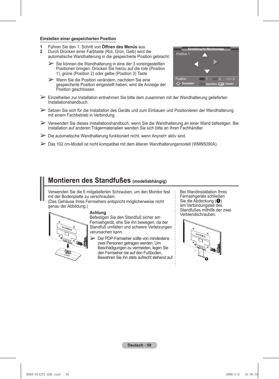Montieren des standfußes | Samsung PS50A557S3F User Manual | Page 183 / 495