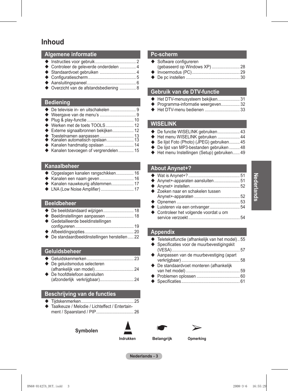 Inhoud | Samsung PS50A557S3F User Manual | Page 189 / 495