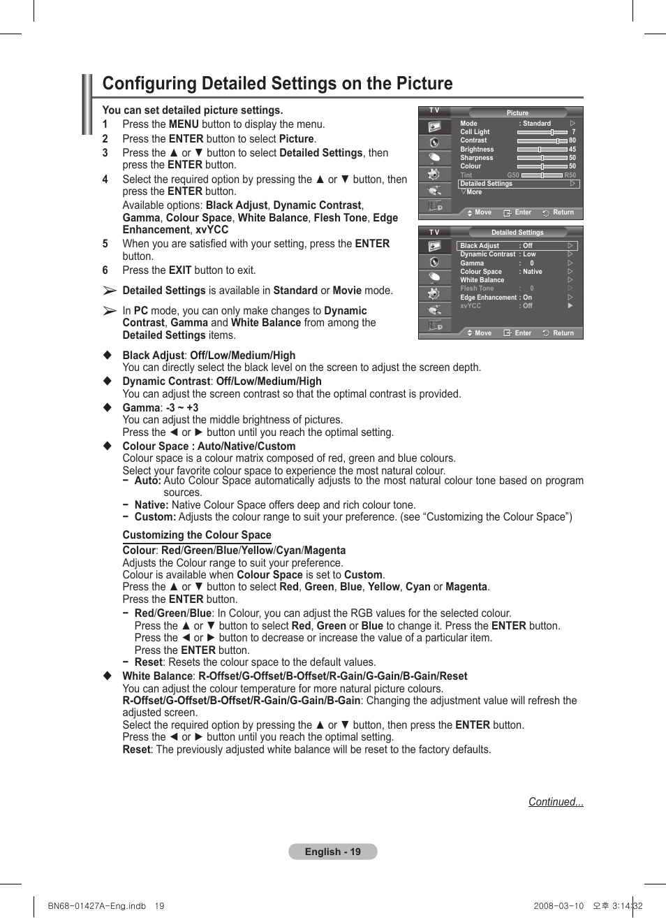 Configuring detailed settings on the picture | Samsung PS50A557S3F User Manual | Page 19 / 495