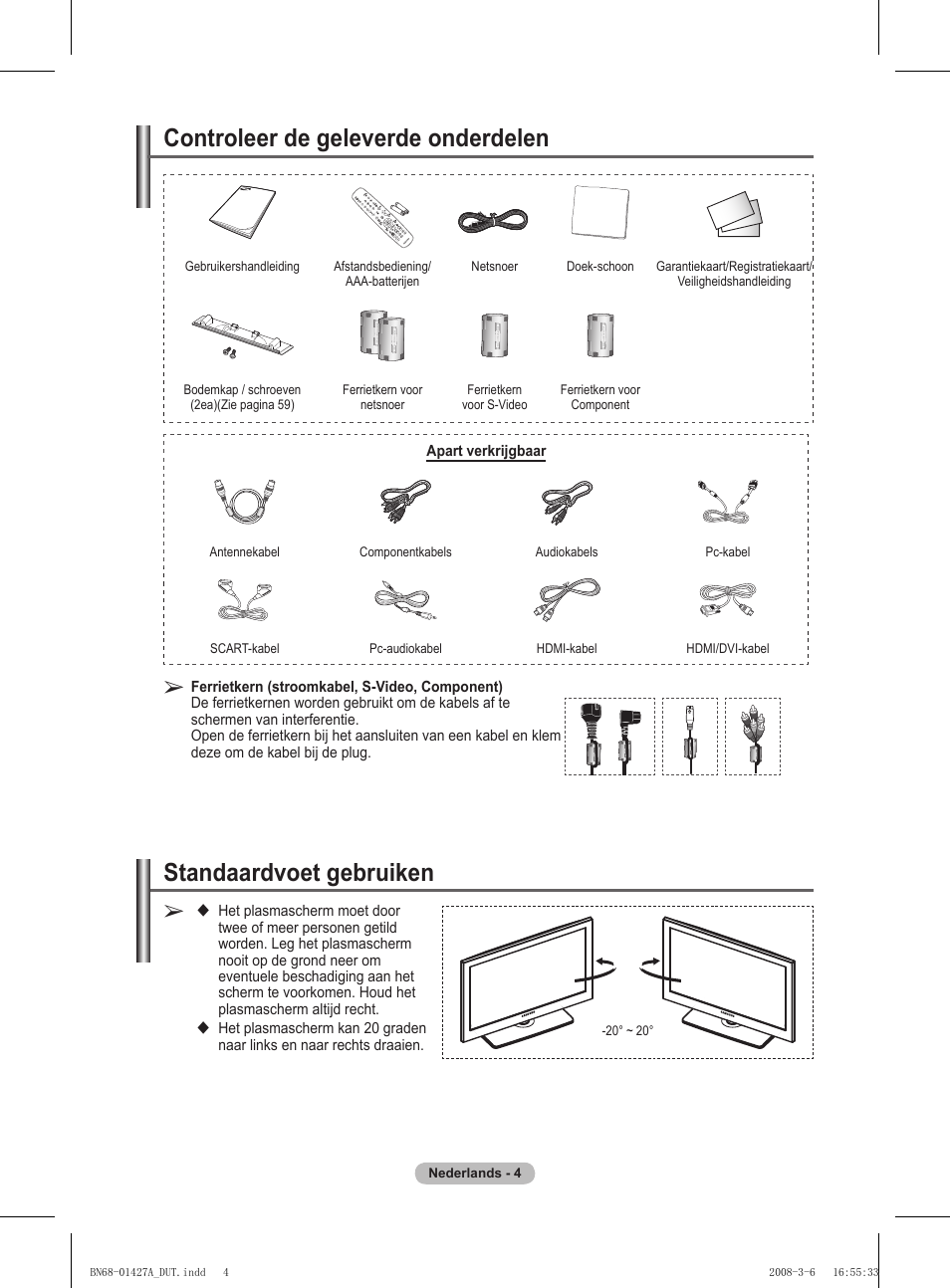 Standaardvoet gebruiken, Controleer de geleverde onderdelen | Samsung PS50A557S3F User Manual | Page 190 / 495