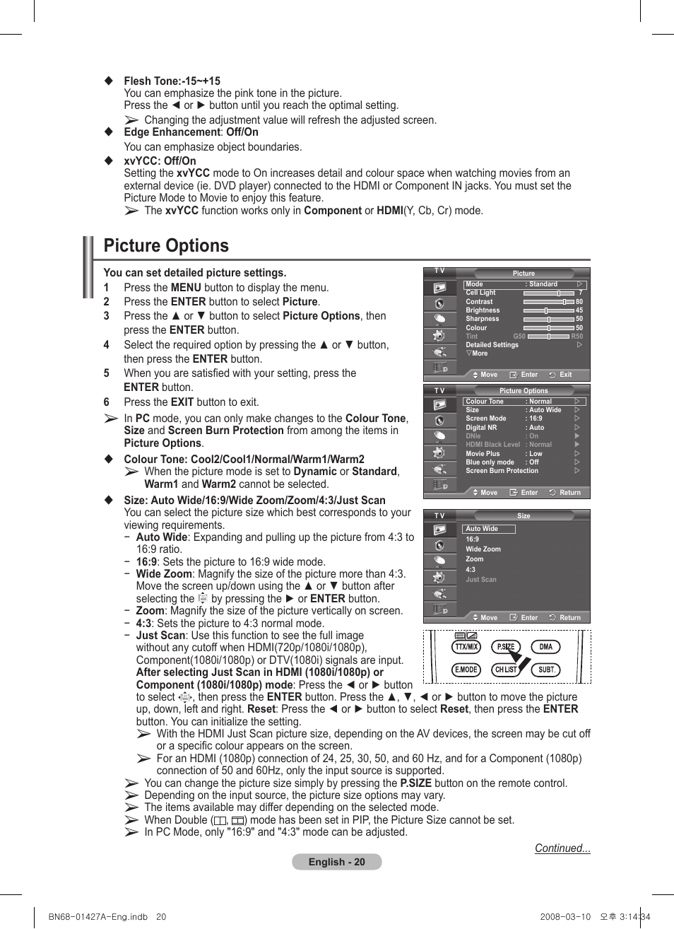 Picture options | Samsung PS50A557S3F User Manual | Page 20 / 495