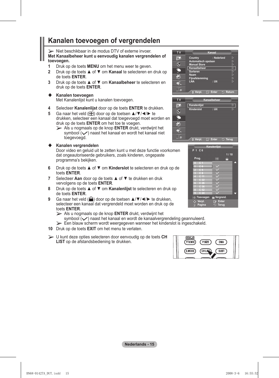 Kanalen toevoegen of vergrendelen | Samsung PS50A557S3F User Manual | Page 201 / 495
