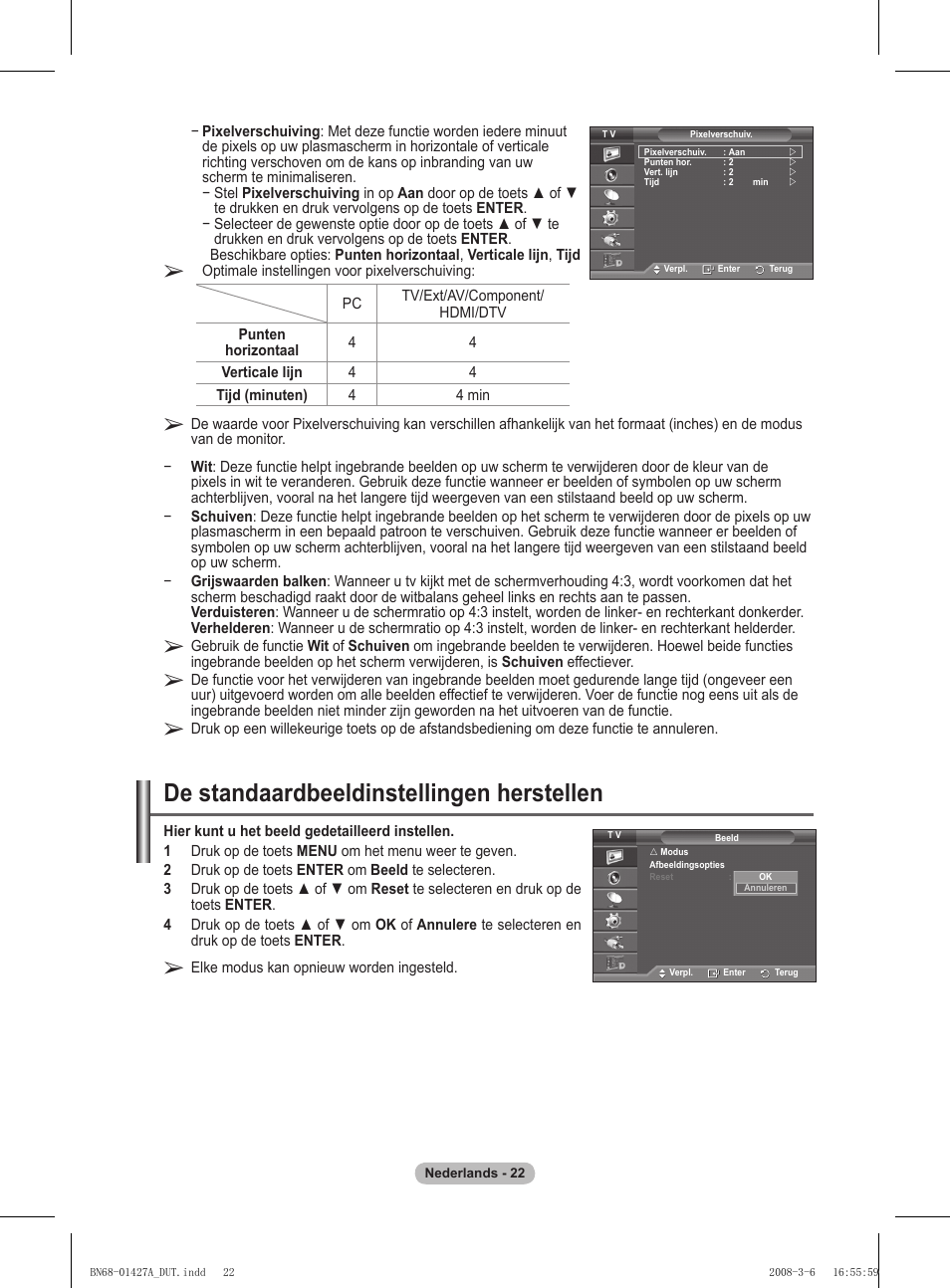 De standaardbeeldinstellingen herstellen | Samsung PS50A557S3F User Manual | Page 208 / 495