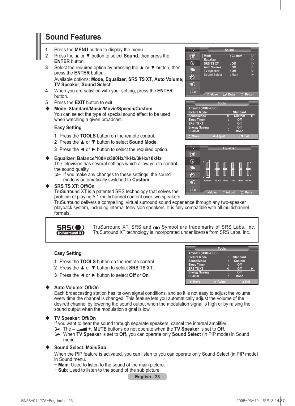 Sound features | Samsung PS50A557S3F User Manual | Page 23 / 495