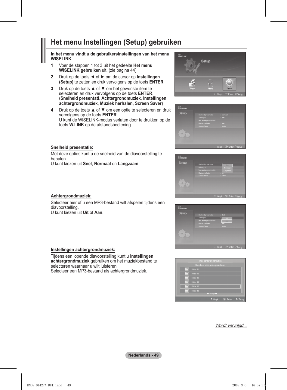 Het menu instellingen (setup) gebruiken, Wordt vervolgd, Nederlands - 4 | Samsung PS50A557S3F User Manual | Page 235 / 495