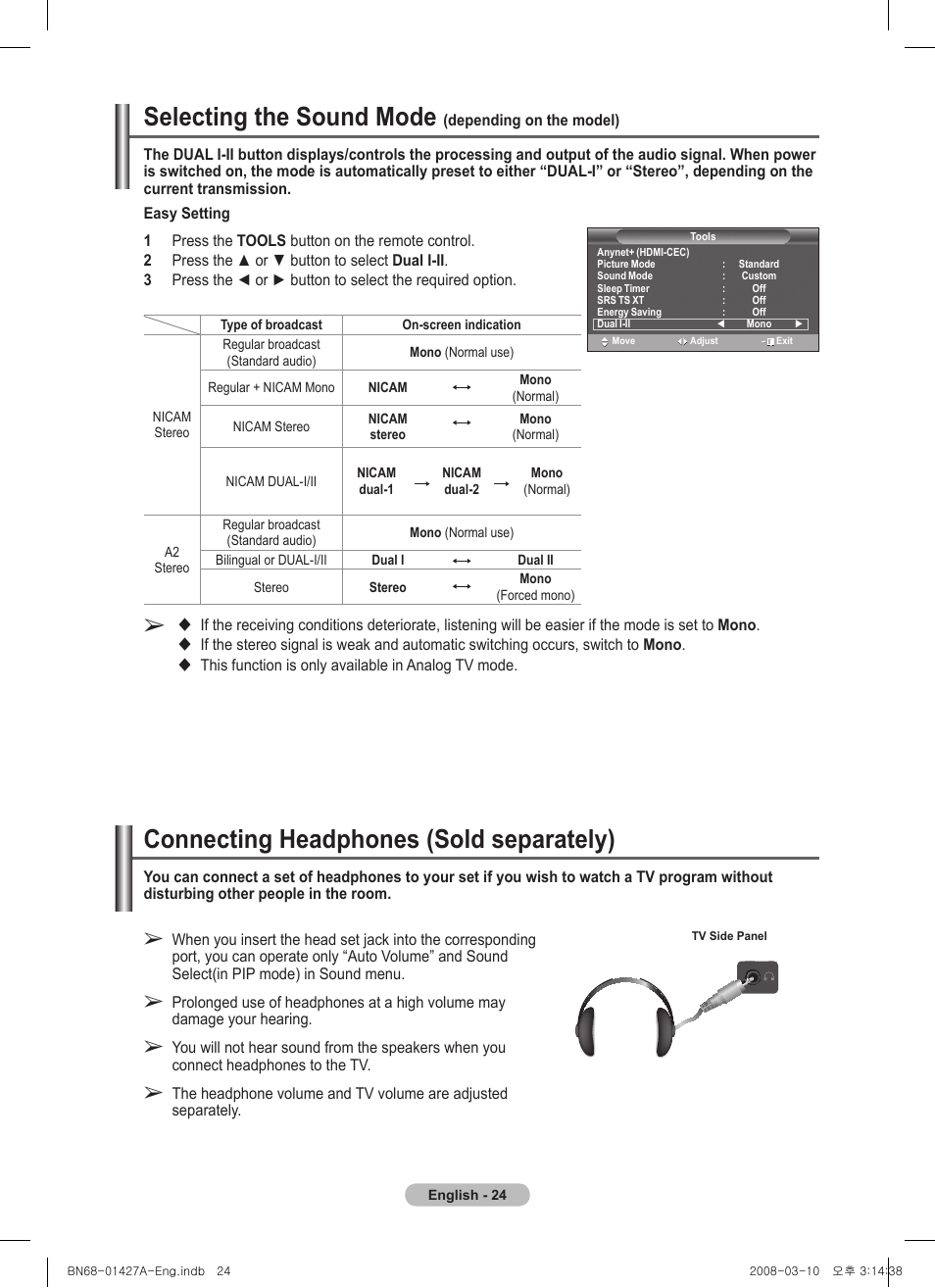 Selecting the sound mode (depending on the model), Connecting headphones (sold separately), Selecting the sound mode | Samsung PS50A557S3F User Manual | Page 24 / 495