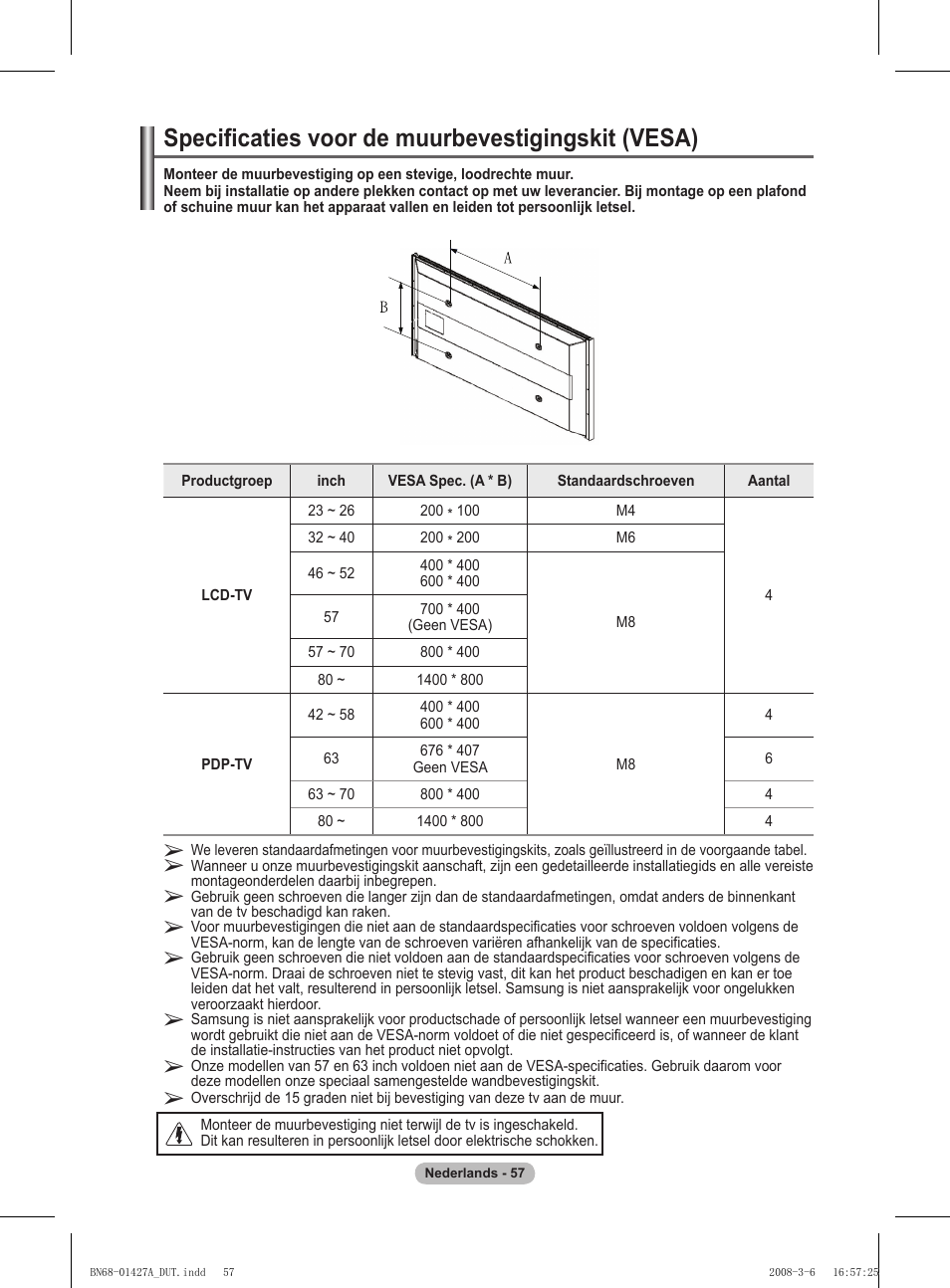Specificaties voor de muurbevestigingskit (vesa) | Samsung PS50A557S3F User Manual | Page 243 / 495
