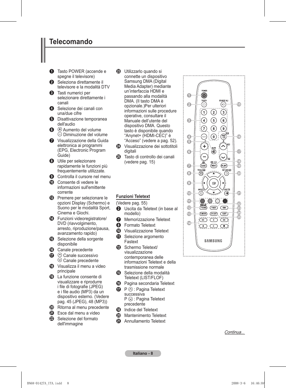 Telecomando | Samsung PS50A557S3F User Manual | Page 255 / 495