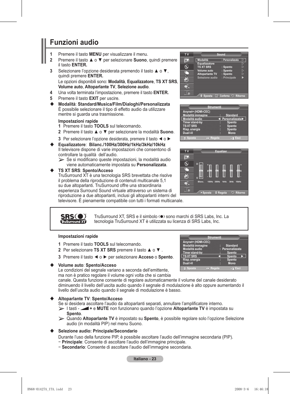 Funzioni audio | Samsung PS50A557S3F User Manual | Page 270 / 495