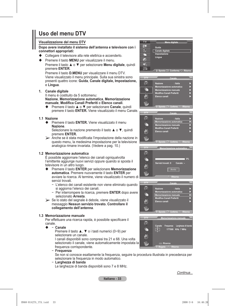 Uso del menu dtv, Continua | Samsung PS50A557S3F User Manual | Page 280 / 495