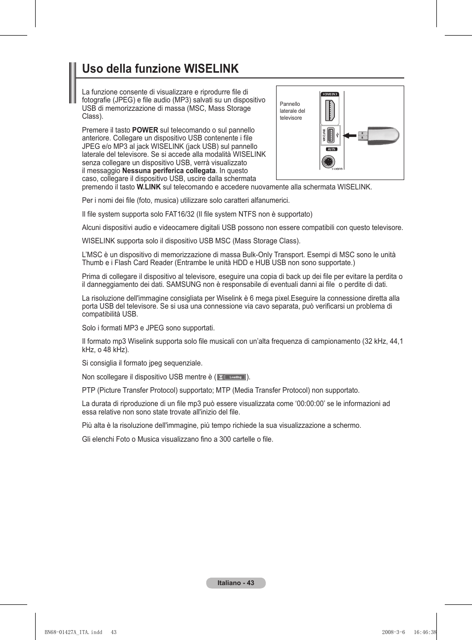 Uso della funzione wiselink | Samsung PS50A557S3F User Manual | Page 290 / 495