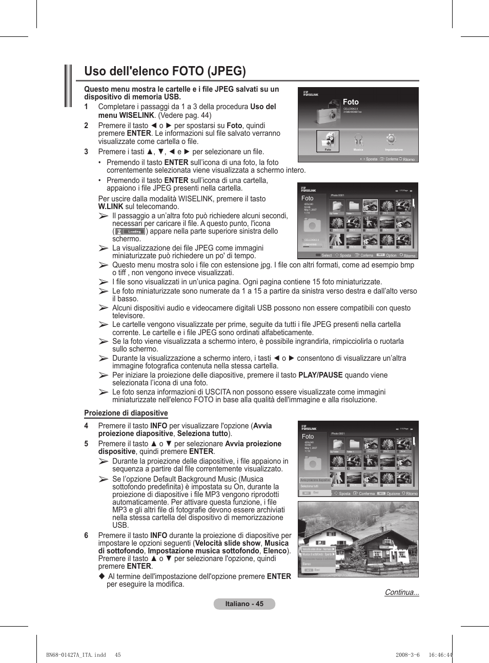 Uso dell'elenco foto (jpeg), Continua, Foto | Samsung PS50A557S3F User Manual | Page 292 / 495
