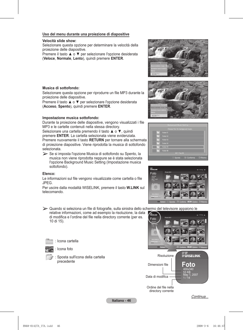 Foto, Continua, Italiano - 4 | Risoluzione data di modifica dimensioni file, Ordine del file nella directory corrente | Samsung PS50A557S3F User Manual | Page 293 / 495