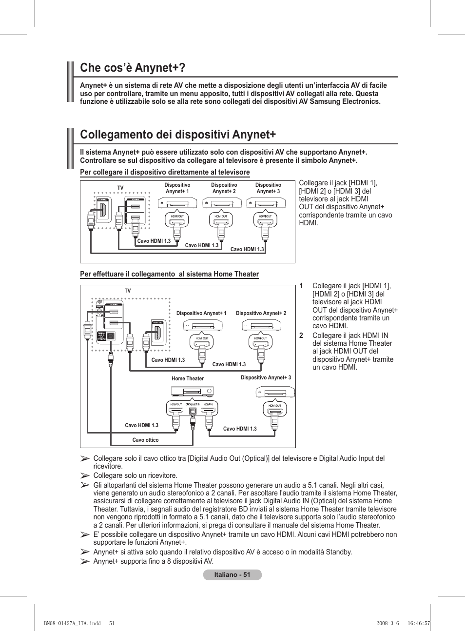 Collegamento dei dispositivi anynet, Che cos’è anynet | Samsung PS50A557S3F User Manual | Page 298 / 495