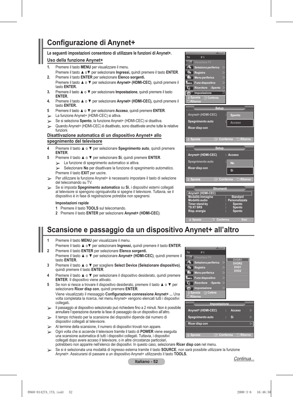 Configurazione di anynet, Continua | Samsung PS50A557S3F User Manual | Page 299 / 495