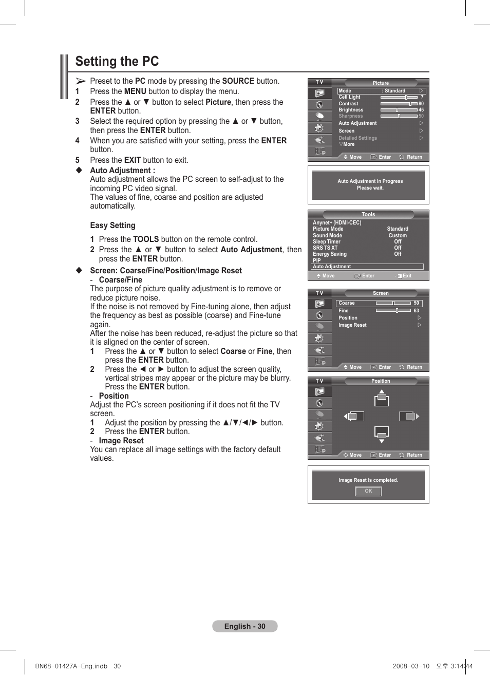 Setting the pc | Samsung PS50A557S3F User Manual | Page 30 / 495