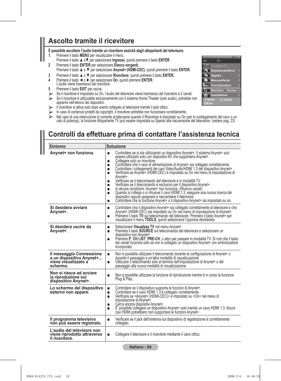 Ascolto tramite il ricevitore | Samsung PS50A557S3F User Manual | Page 301 / 495