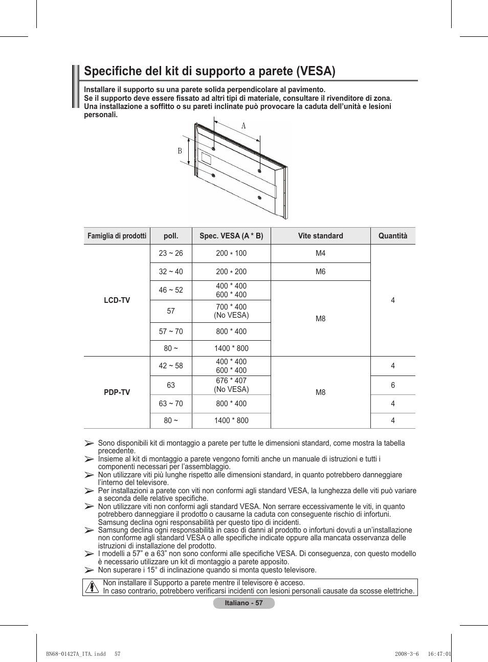 Specifiche del kit di supporto a parete (vesa) | Samsung PS50A557S3F User Manual | Page 304 / 495