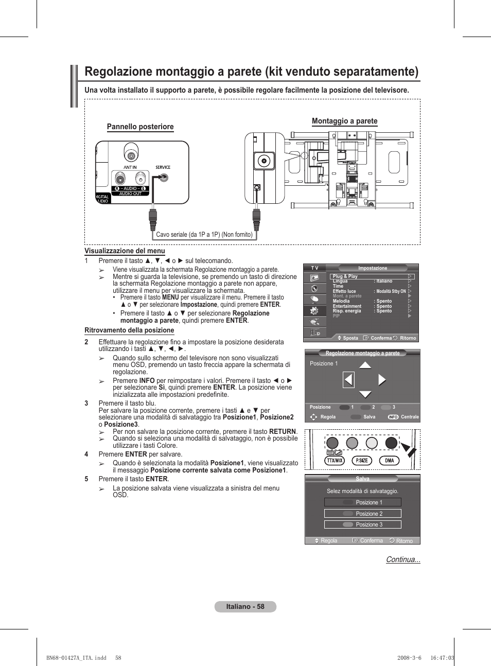 Continua, Pannello posteriore montaggio a parete | Samsung PS50A557S3F User Manual | Page 305 / 495