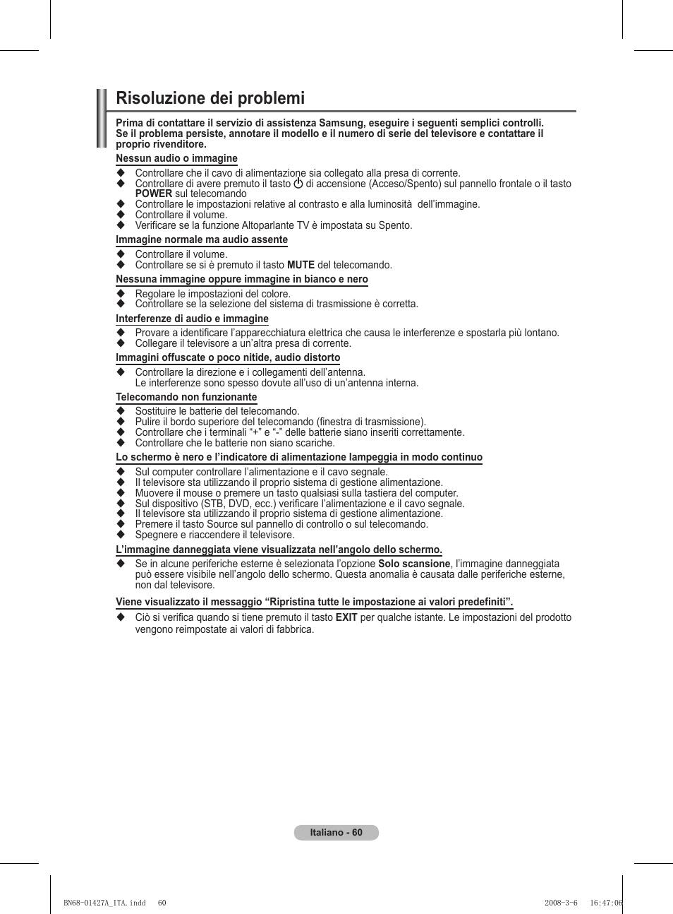 Risoluzione dei problemi | Samsung PS50A557S3F User Manual | Page 307 / 495