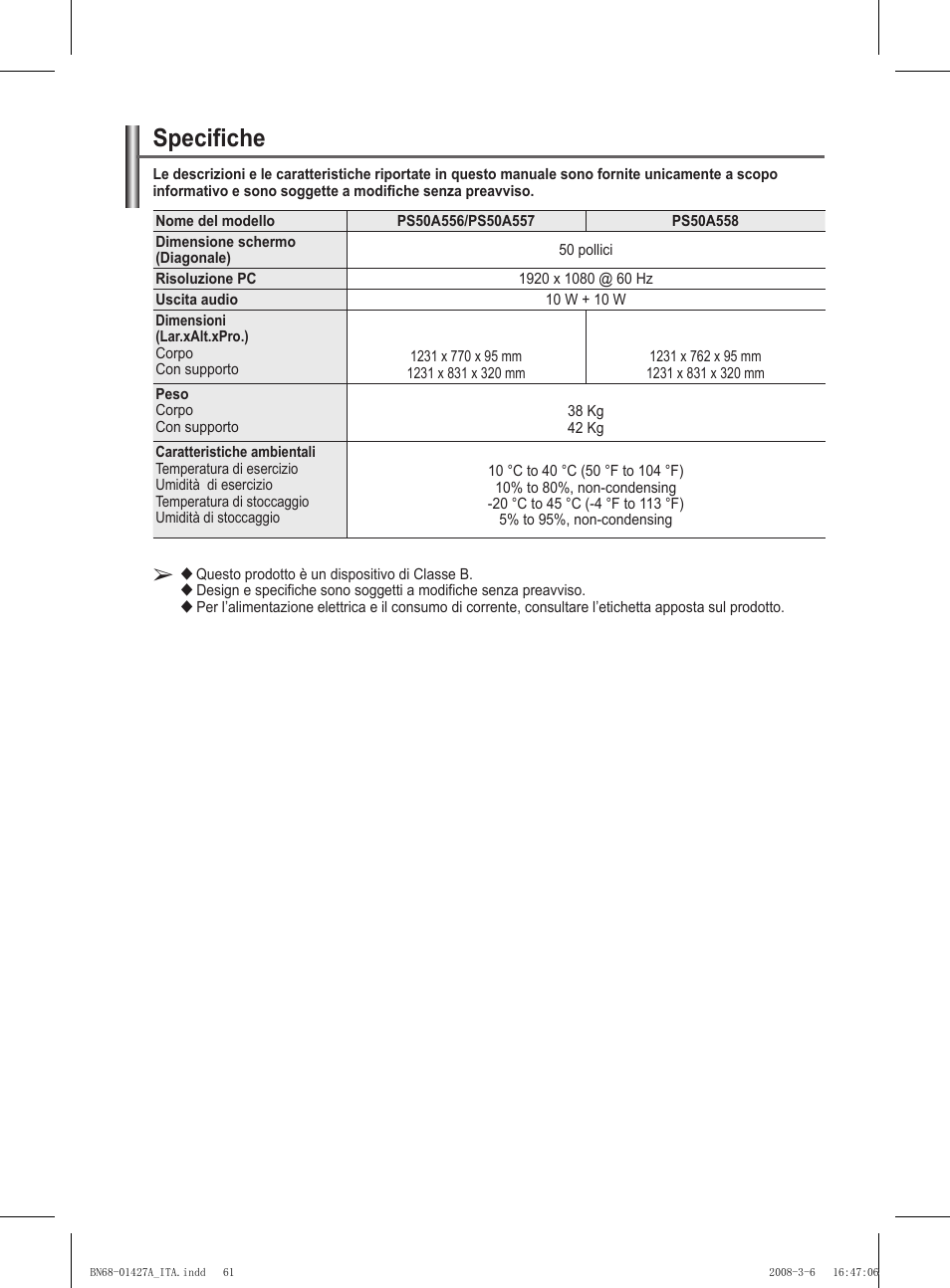 Specifiche | Samsung PS50A557S3F User Manual | Page 308 / 495