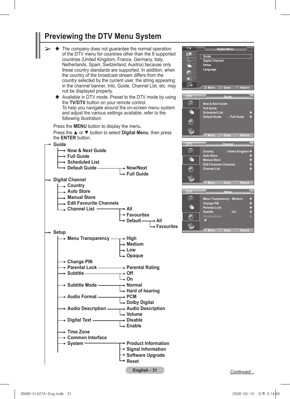 Previewing the dtv menu system | Samsung PS50A557S3F User Manual | Page 31 / 495
