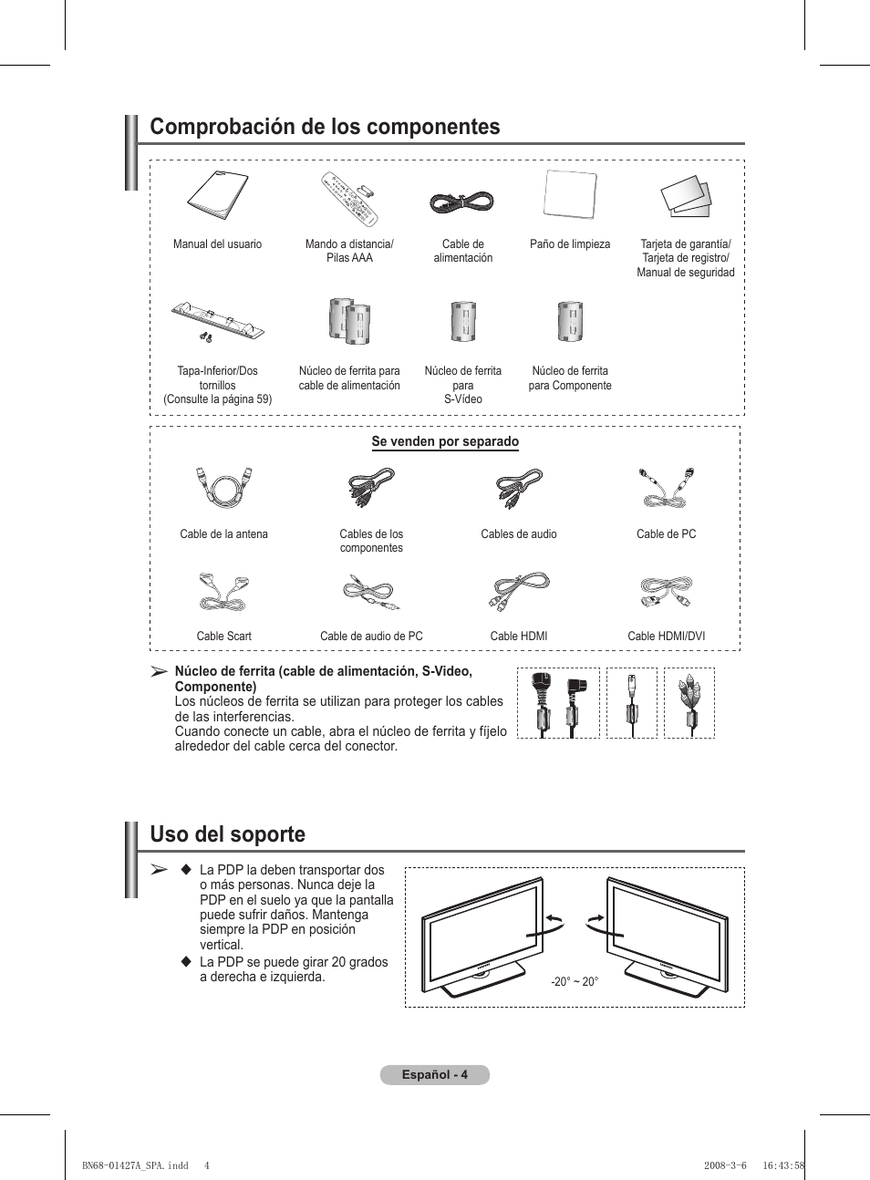 Uso del soporte, Comprobación de los componentes | Samsung PS50A557S3F User Manual | Page 313 / 495