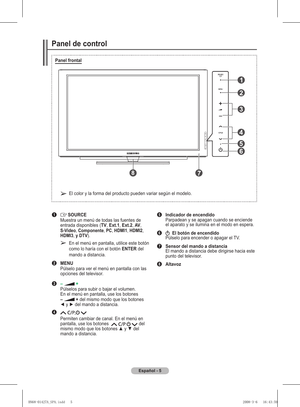 Panel de control | Samsung PS50A557S3F User Manual | Page 314 / 495
