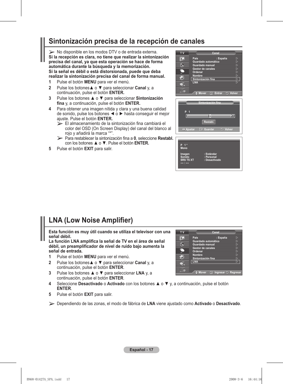 Sintonización precisa de la recepción de canales, Lna (low noise amplifier) | Samsung PS50A557S3F User Manual | Page 326 / 495